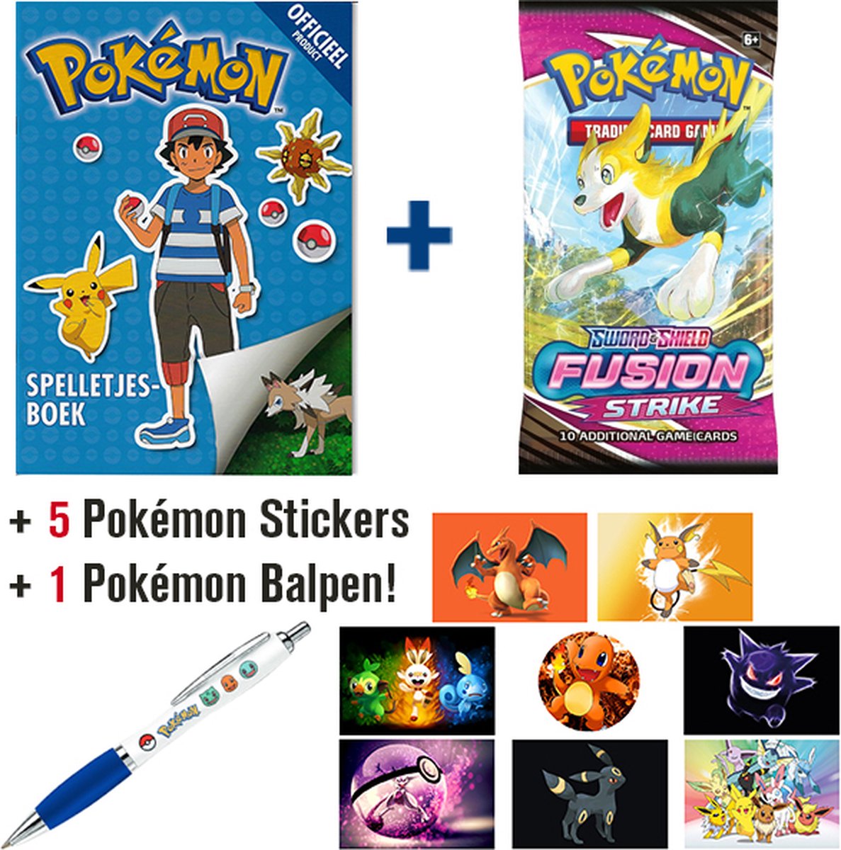 Pokémon Spelletjesboek + Pokémon Boosterpack Sword & Shield Fusion Strike (10 Pokemon Kaarten) + Pokémon Balpen + 5 Pokémon Stickers {Speelgoed voor kinderen jongens meisjes - Pokemon GO Sword & Shield Spelletjes Sticker Boek}